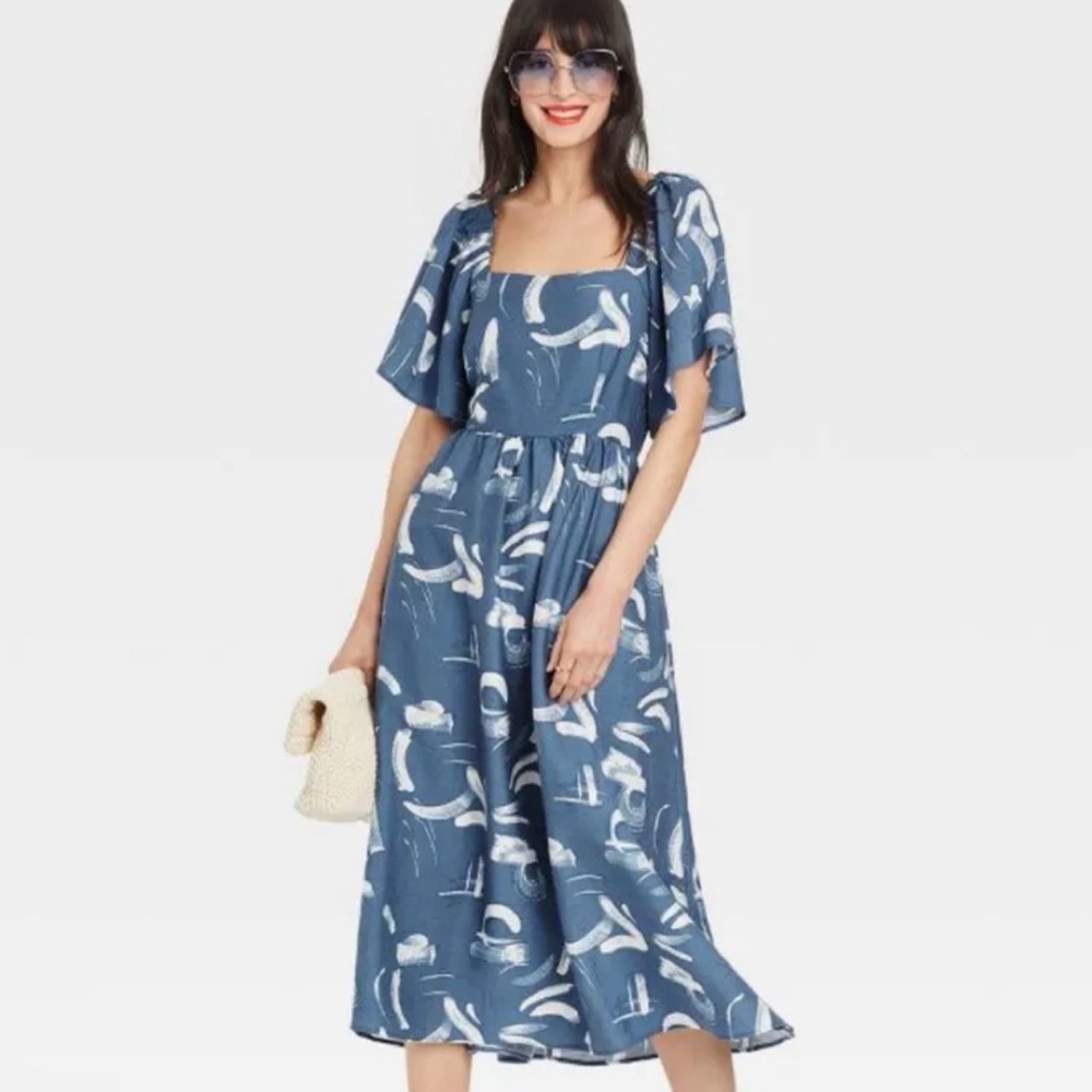 a new day Blue & White Square-Neck Printed Midi Dress size xs Spring/Summer